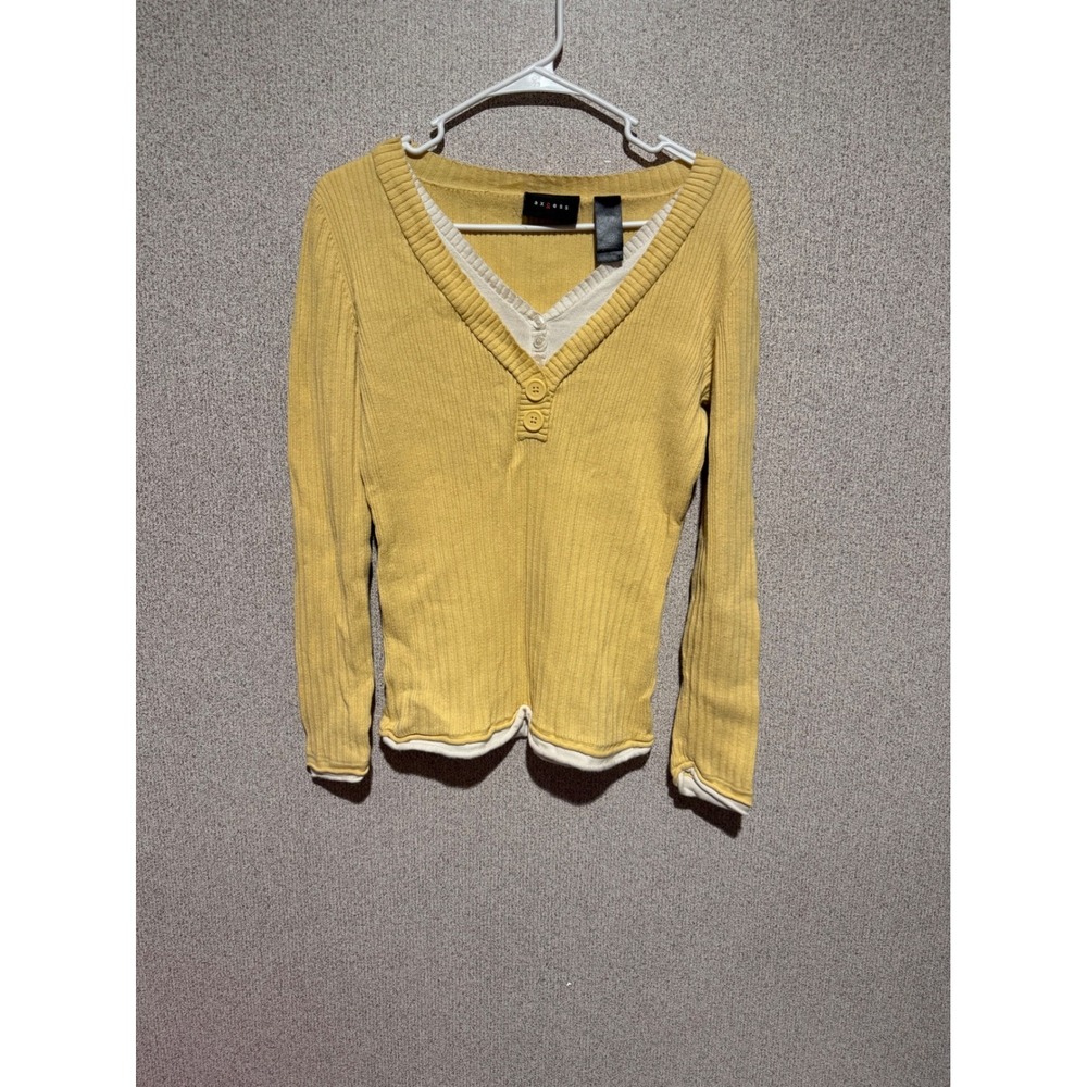 Axcess Womens Mustard Yellow Ribbed Faux Layered Henley V-Neck Sweater Size‎ M